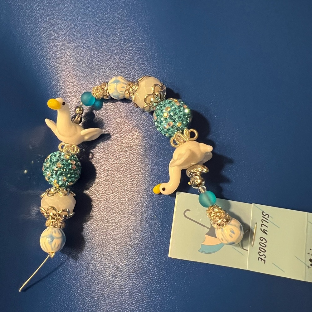 Blue and White Goose Charm Bracelet with Turquoise Accents